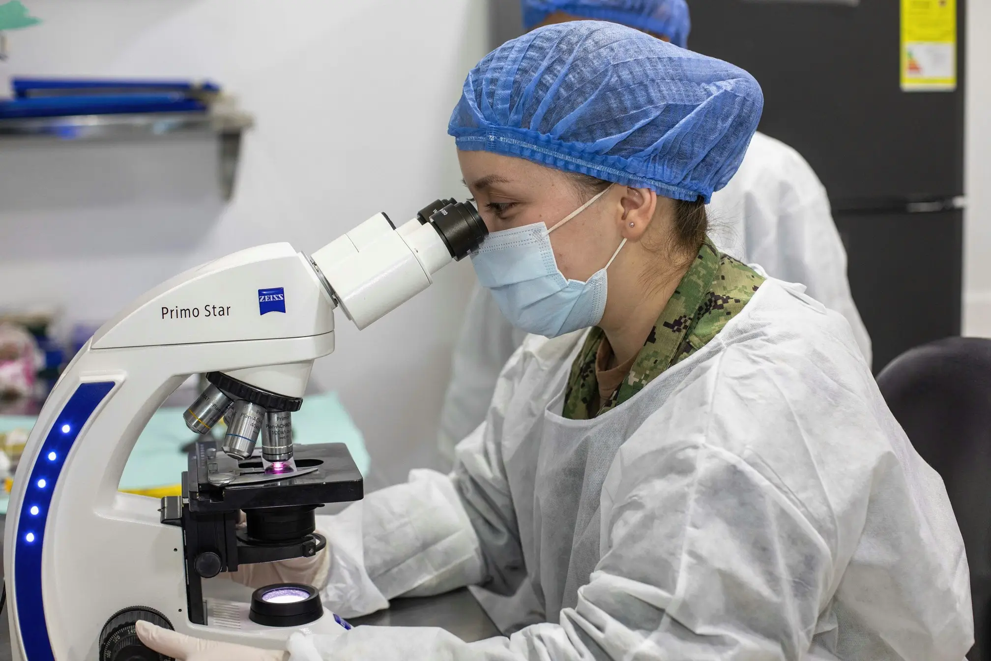 Pathology laboratory: scientist with microscope and slides
