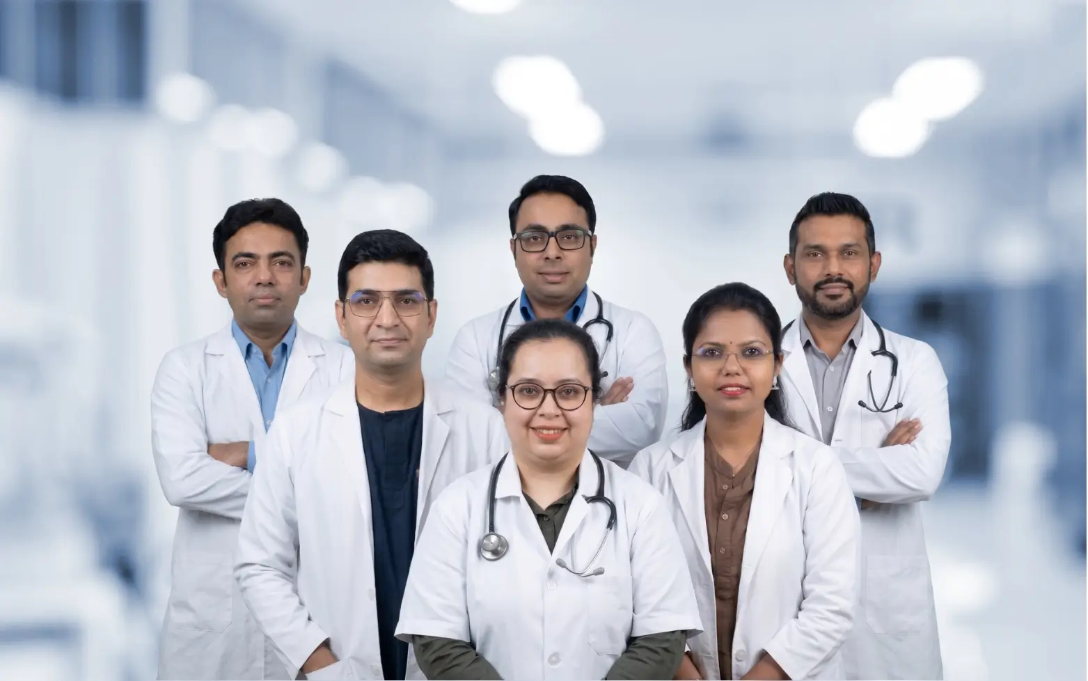 Medical team in scrubs working together in a modern hospital